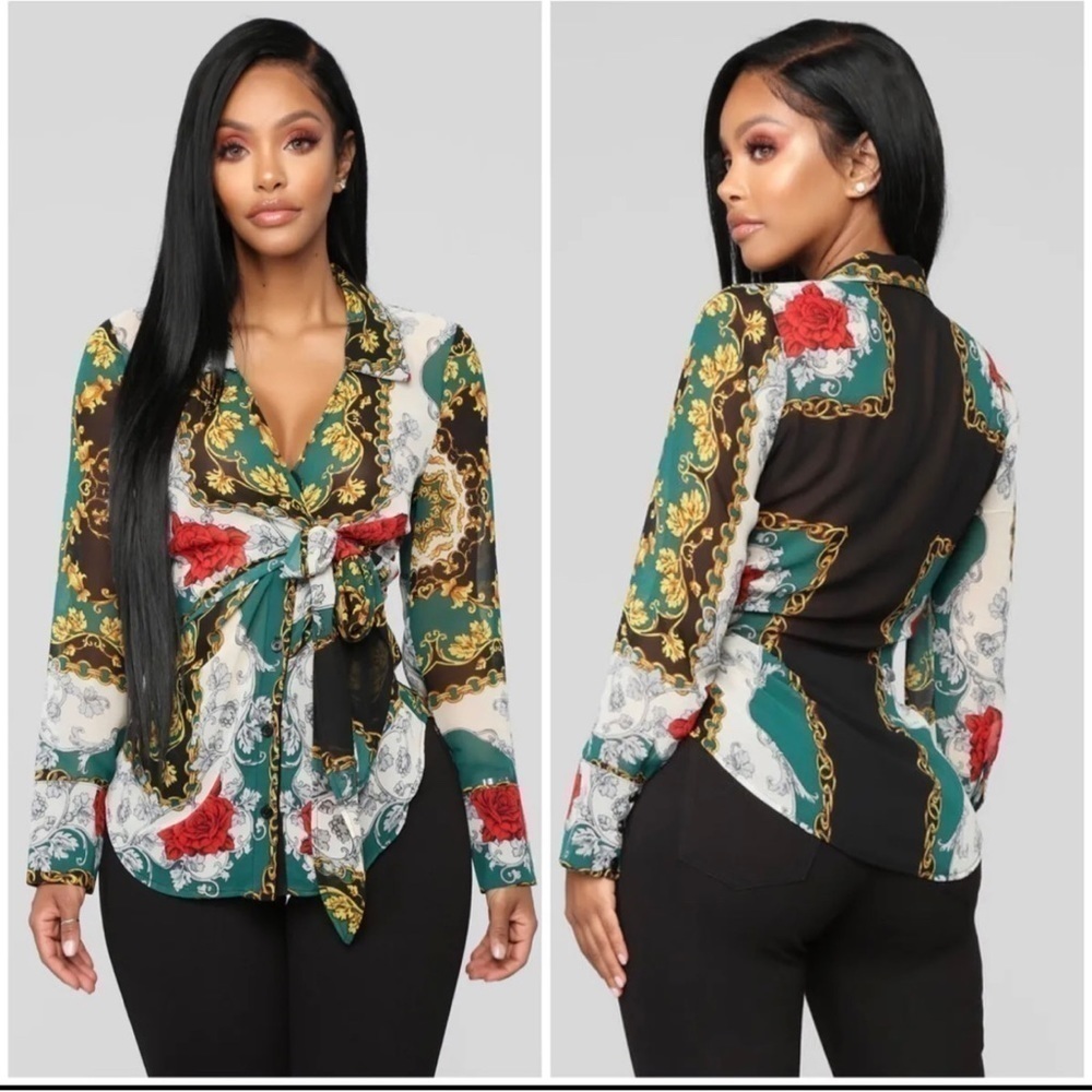 Fashion Nova Womens Sz S Equestrian Chain Print Chiffon Tie Front Blouse Top